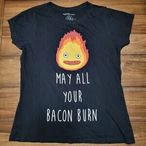 Howl's Moving Castle Black Tee Calcifer "May All Your Bacon Burn" - Size Large